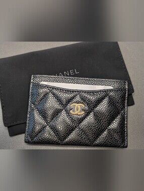 CHANEL Black Quilted Caviar Leather Card Case with Gold CC